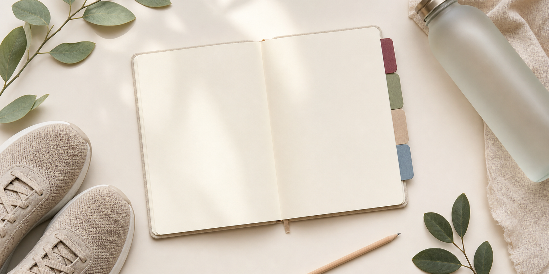 A blank activity journal with neutral category tabs, walking shoes and a water bottle.