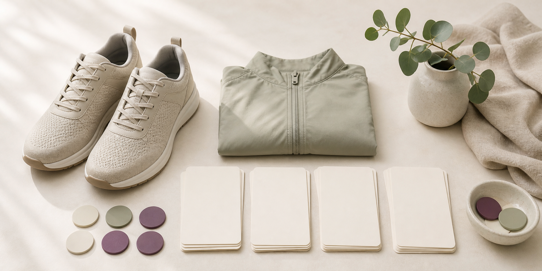 Blank checklist cards, walking shoes and neutral tokens representing descriptive everyday movement notes.