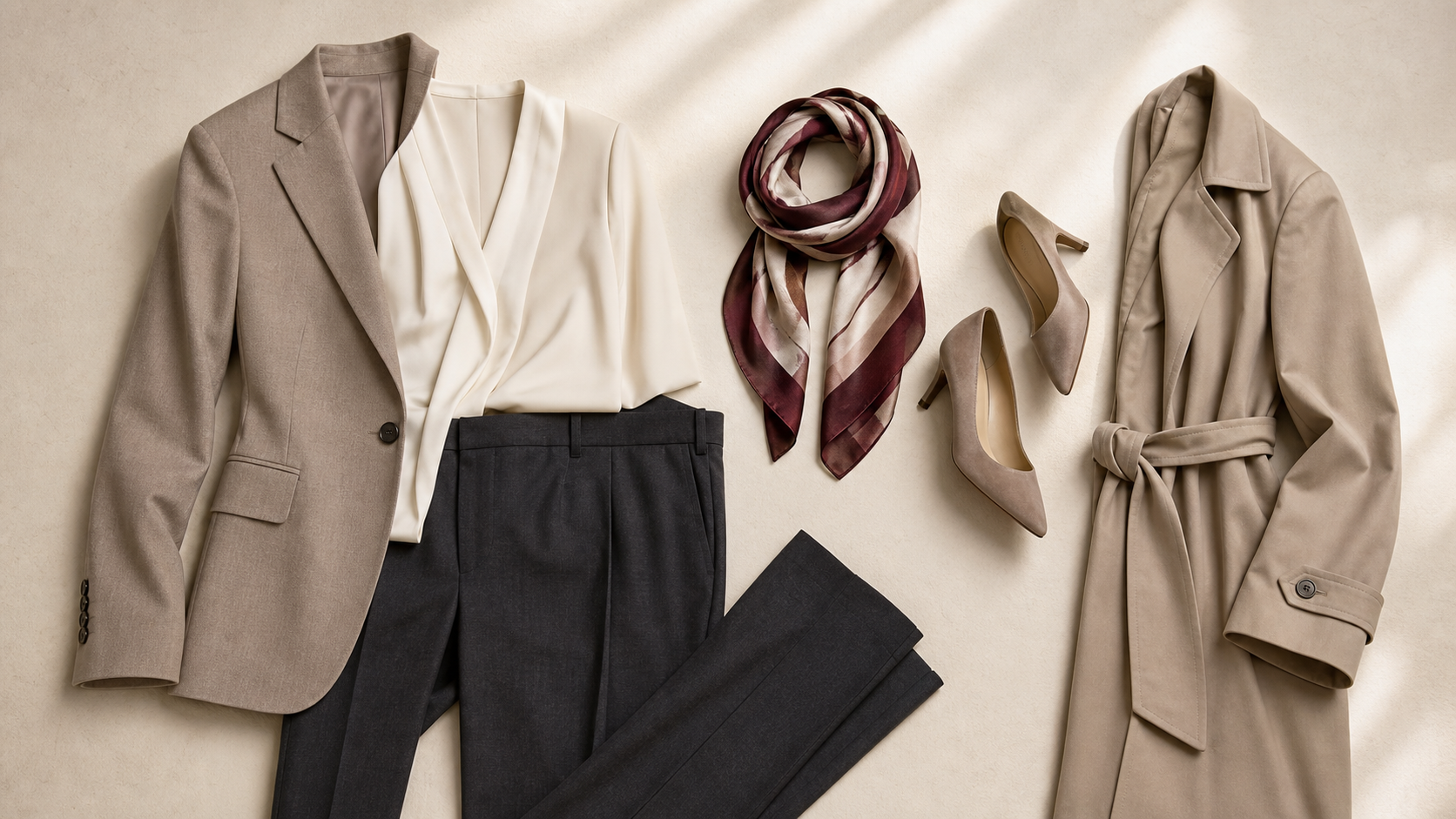 Abstract workwear base with two equal optional accessory groupings for work and after-work contexts.