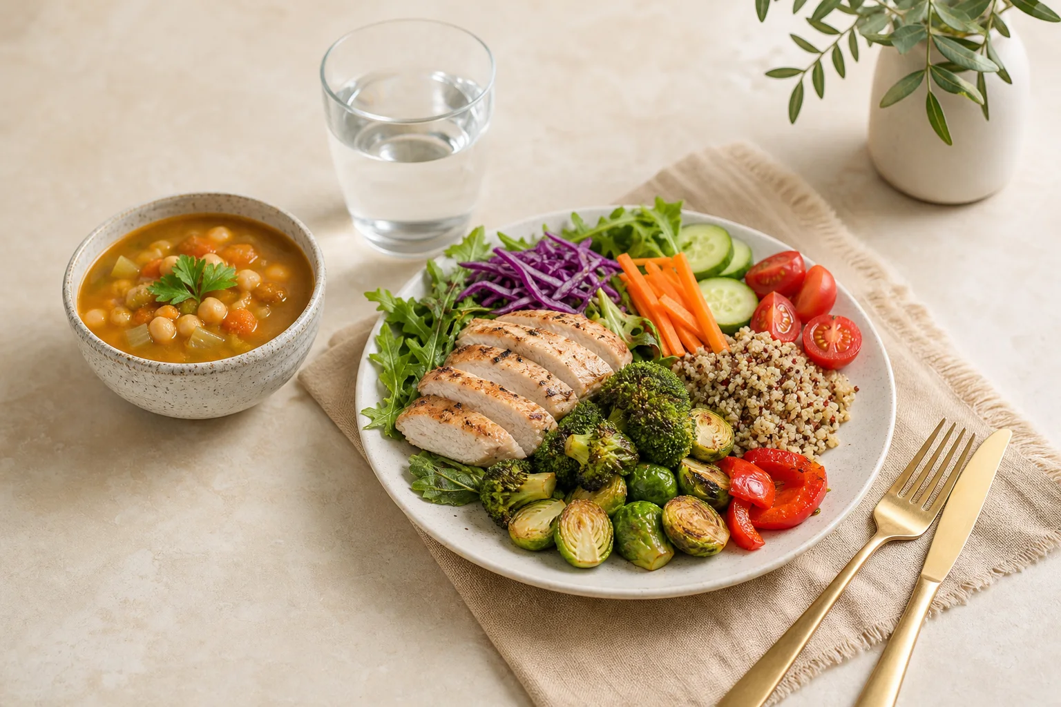 A balanced lunch with fresh vegetables, grilled chicken, cooked vegetables, grains, chickpea soup and water on a warm neutral table.