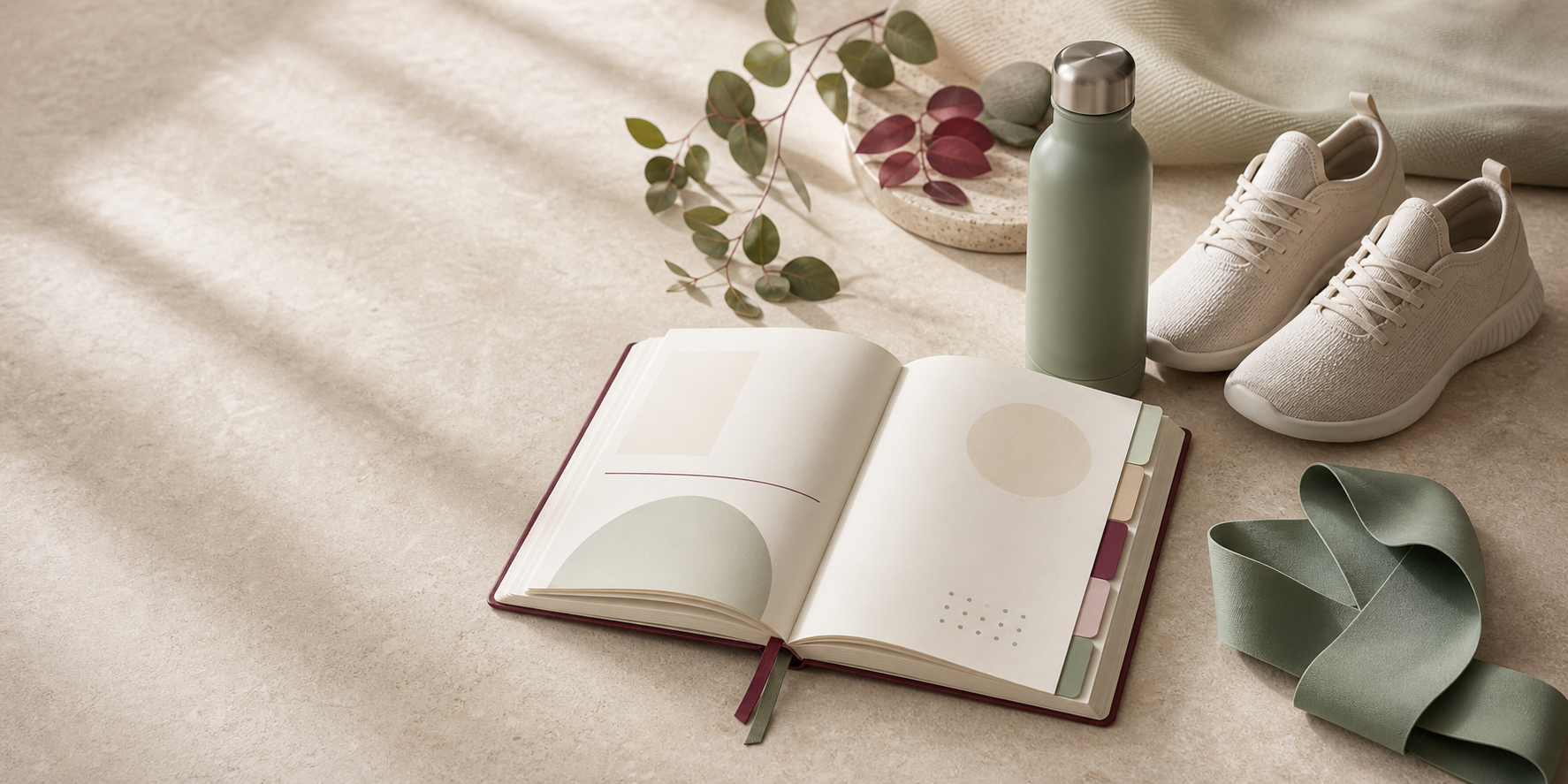 A neutral activity journal beside walking shoes and a water bottle, representing simple activity categories.
