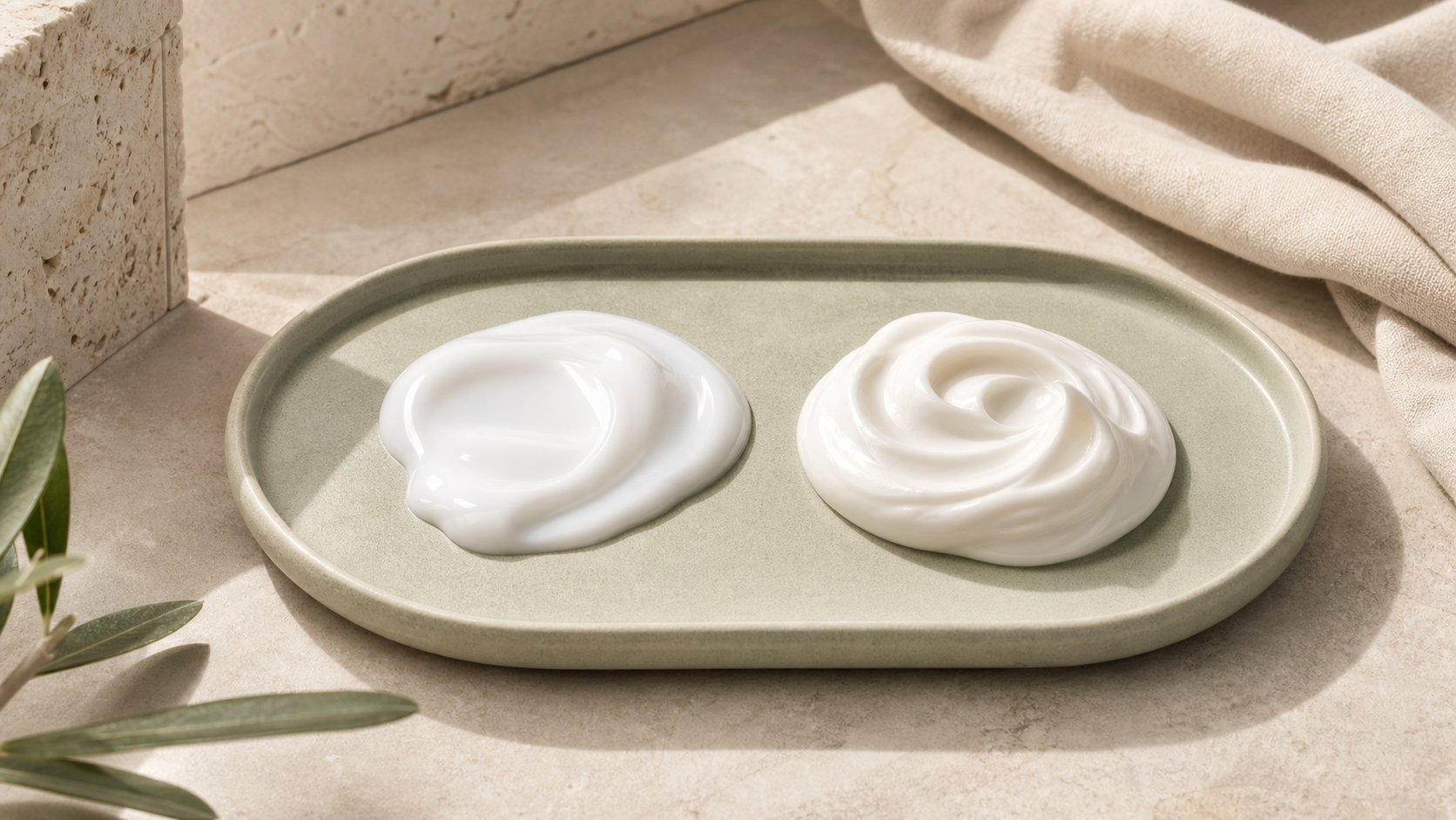 Two equal unbranded body-care textures arranged beside a neutral routine tray.