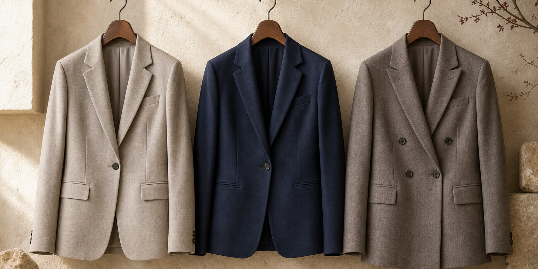 Three equally presented tailored jacket silhouettes arranged for a body-neutral fit comparison.