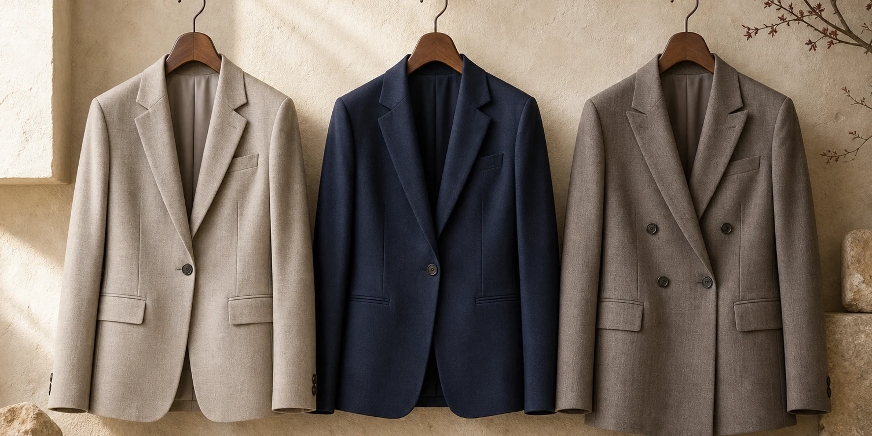 Three equally presented tailored jacket silhouettes arranged for a body-neutral fit comparison.