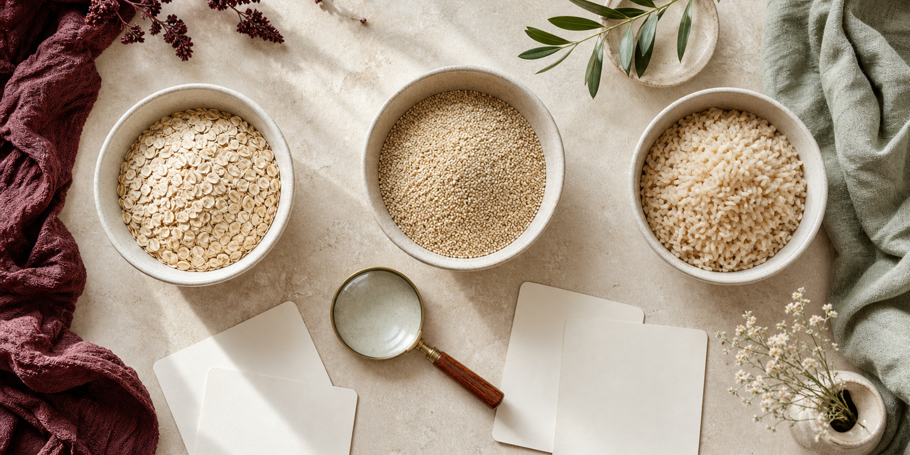 Three breakfast-grain bowls beside blank question cards for a careful data comparison.