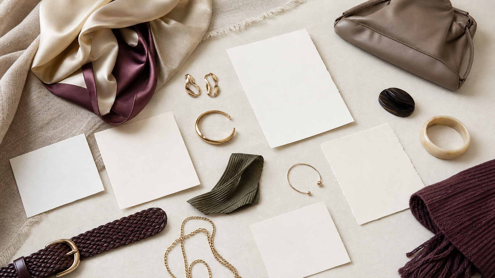 Small set of equal abstract accessory forms beside blank context cards.