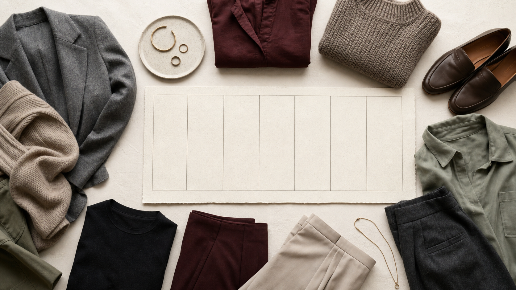 Small unbranded garment forms beside a blank weekly grid for flexible hybrid-work capsule planning.