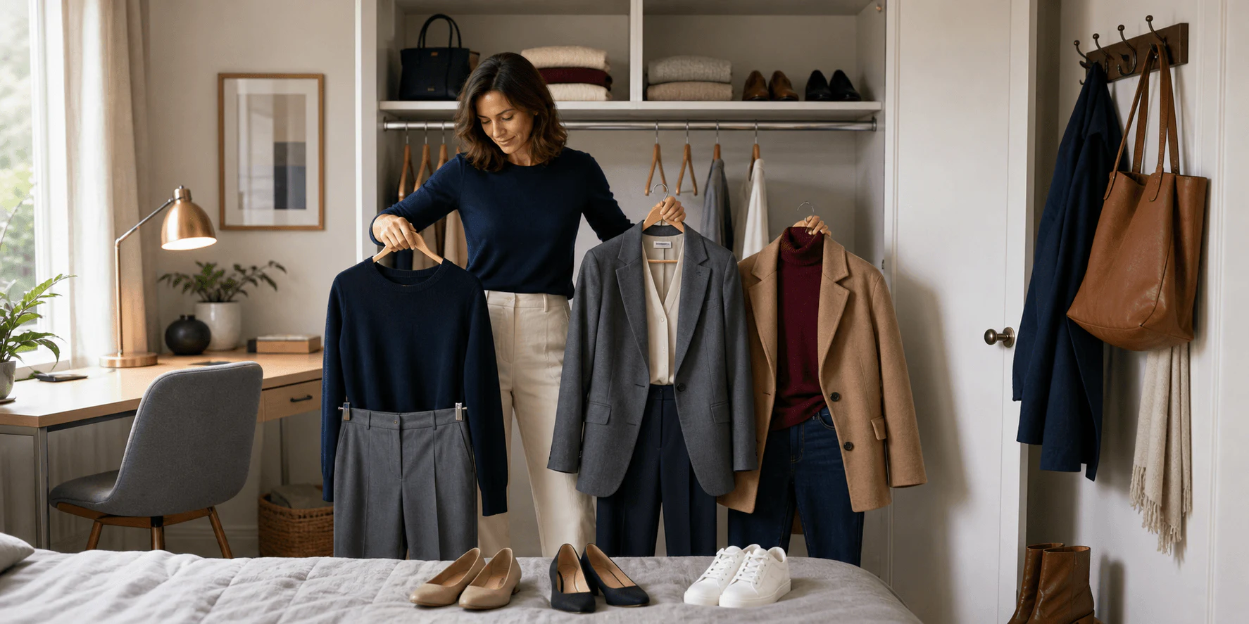 Small unbranded garment forms beside a blank weekly grid for flexible hybrid-work capsule planning.