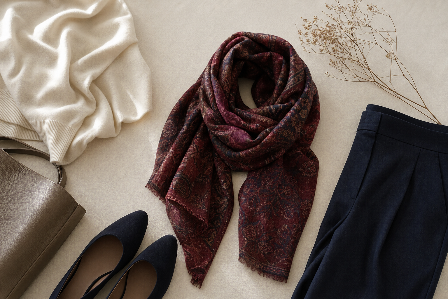 An outfit laid out with one statement piece, neutral supporting garments, and simple coordinating accessories.