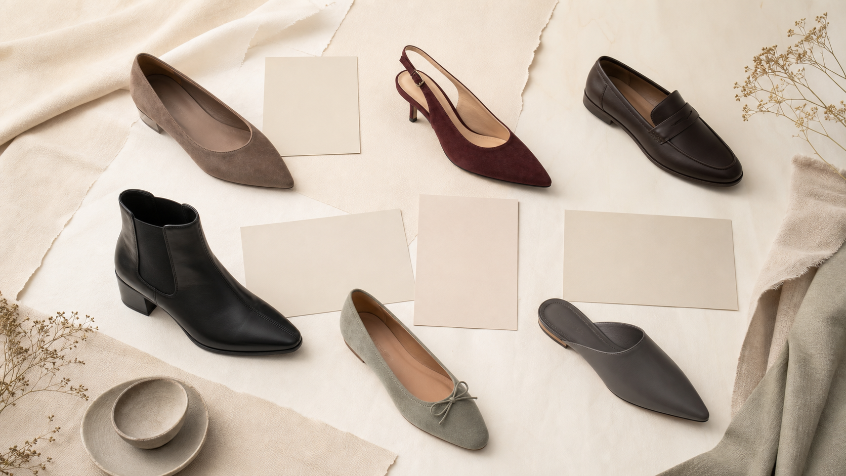 Small set of equal abstract shoe forms beside blank context cards.