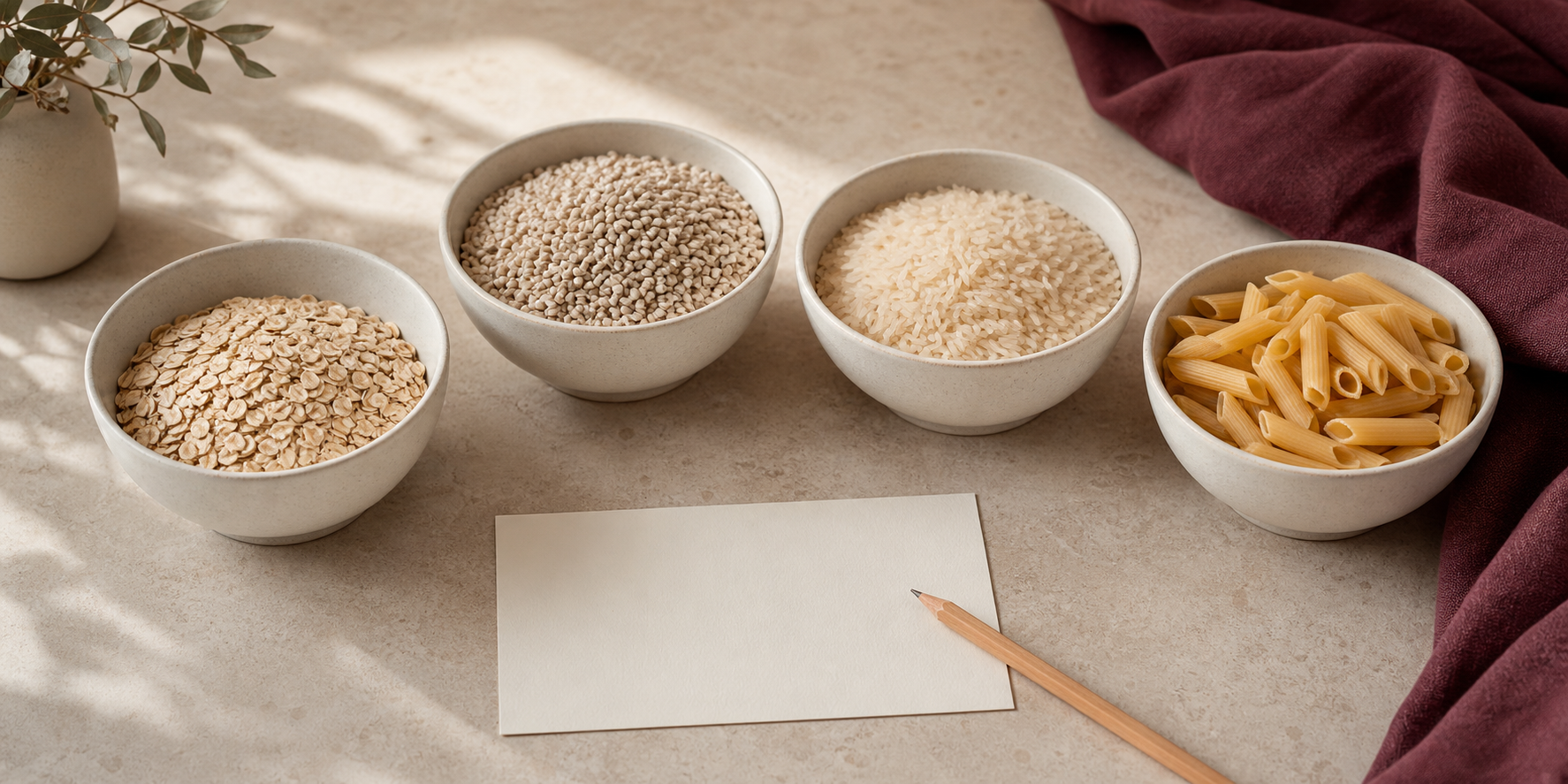 Several carbohydrate foods arranged equally beside a blank observation card.