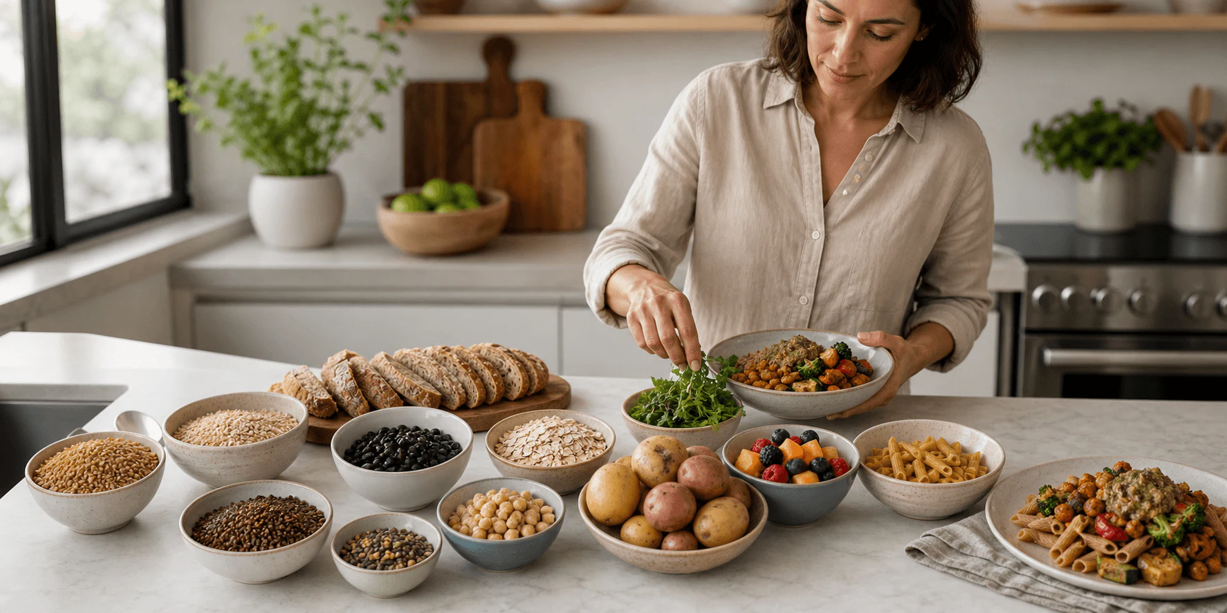 Several carbohydrate foods arranged equally beside a blank observation card.