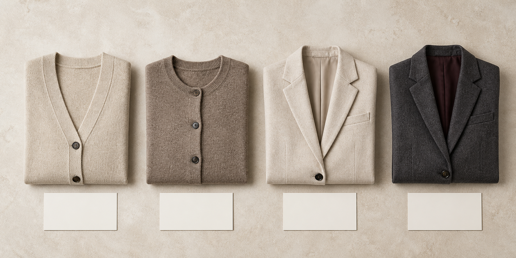 Two cardigan forms and two blazer forms arranged equally beside four blank comparison cards.