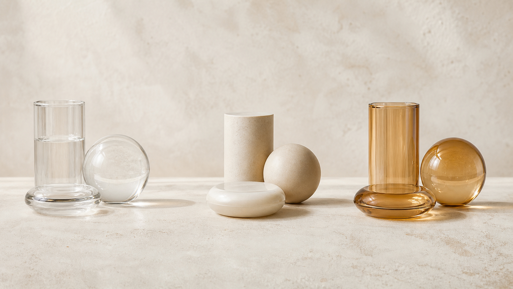 Three equal abstract skincare range groups arranged for a neutral comparison.
