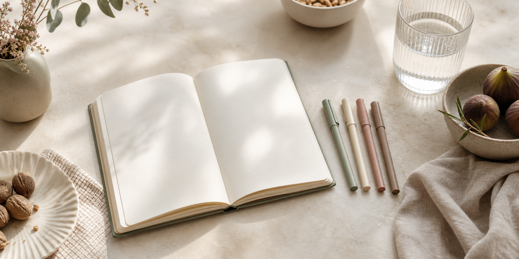 A blank daily habit journal with four neutral category markers and everyday wellness objects.