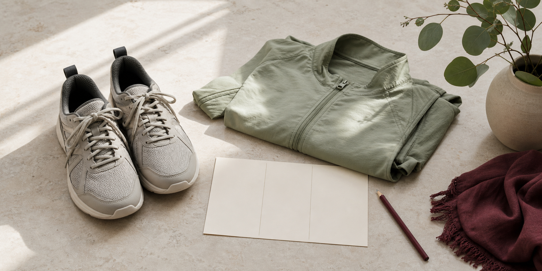 Walking shoes and a folded layer arranged beside a blank movement decision card.