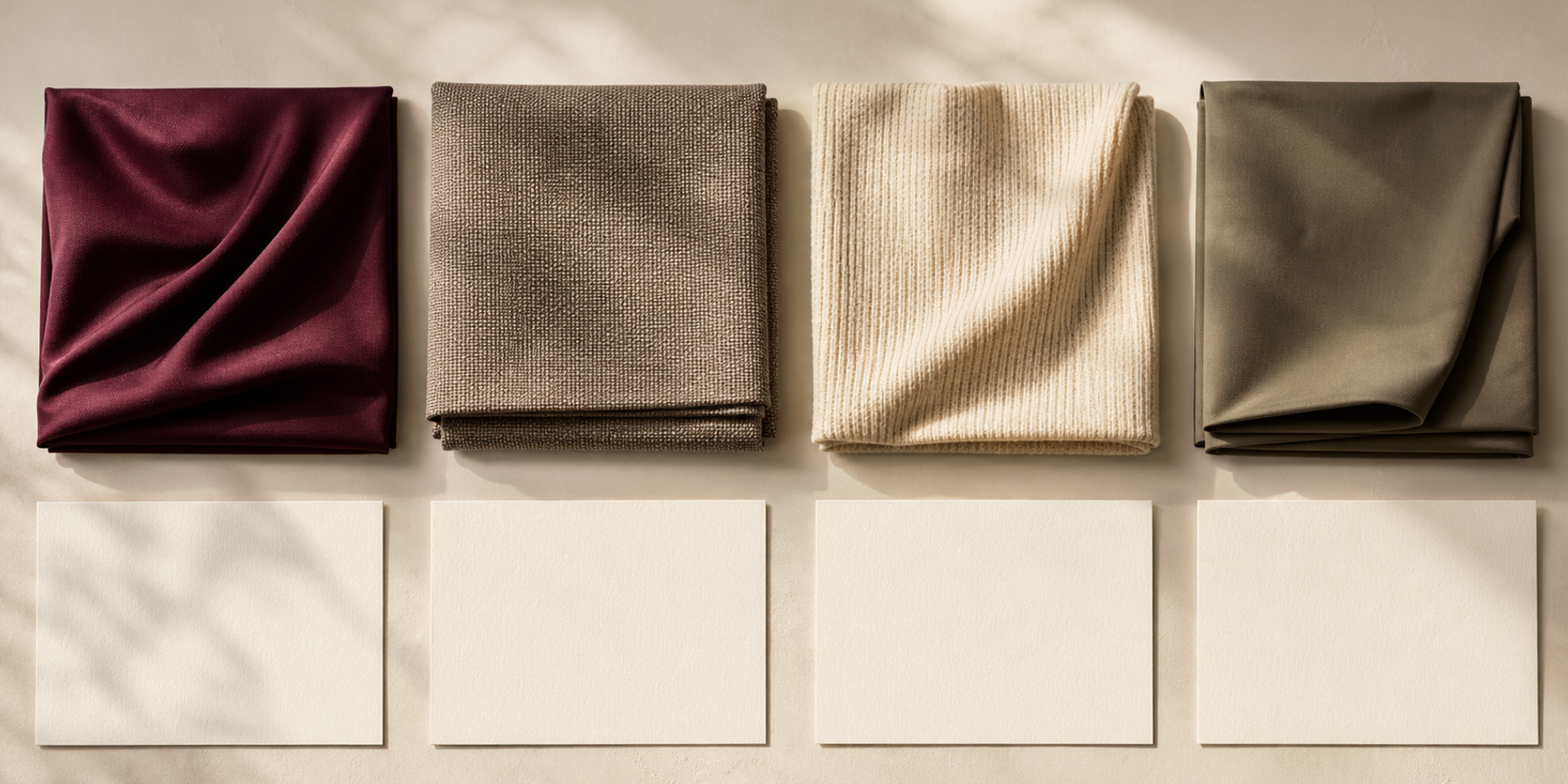 Four equally valued garment-panel variations beside four blank cards representing body-neutral fit-review checks.