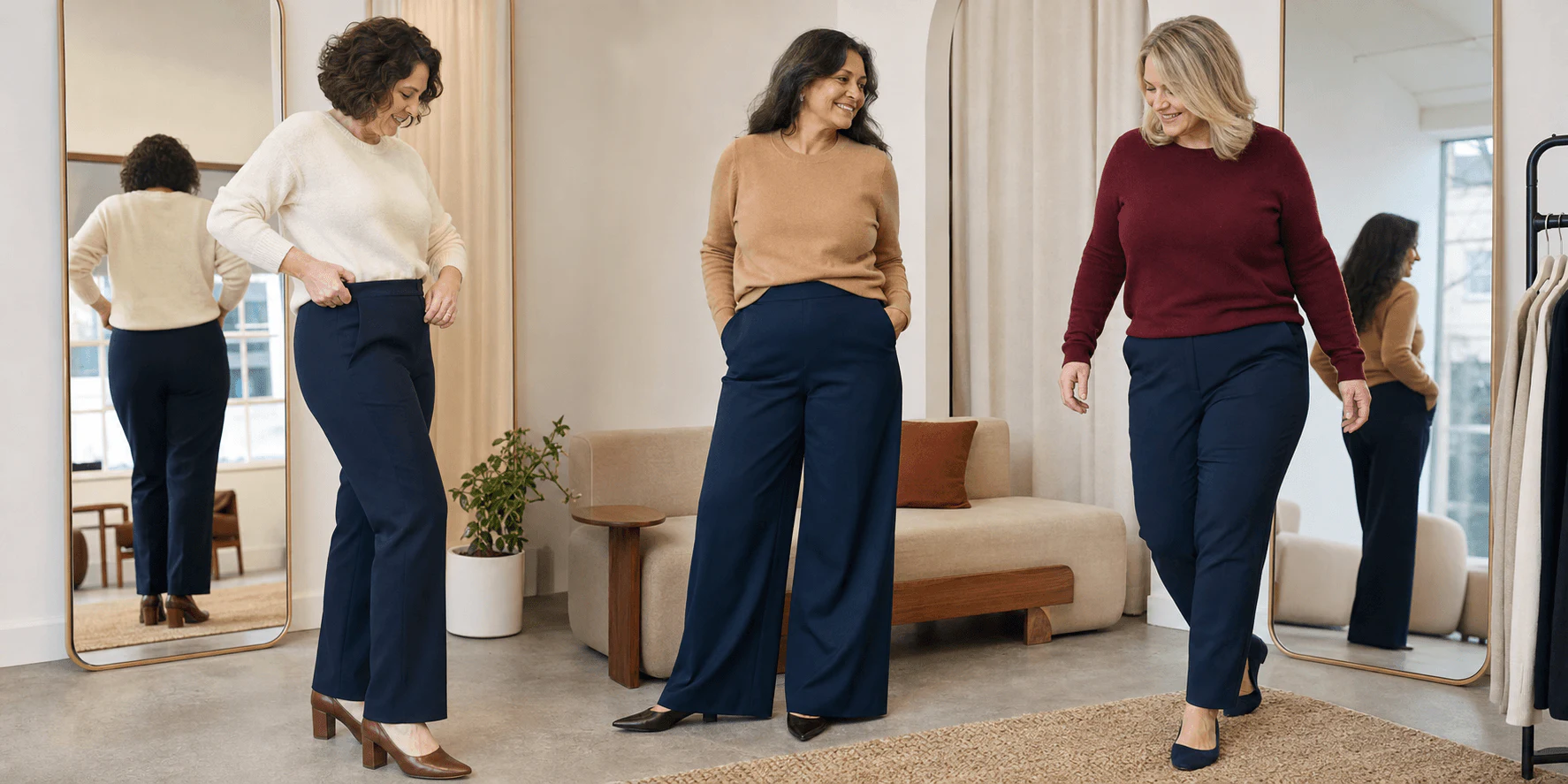 Four equally valued textile panels beside four blank cards representing a body-neutral garment-fit review.