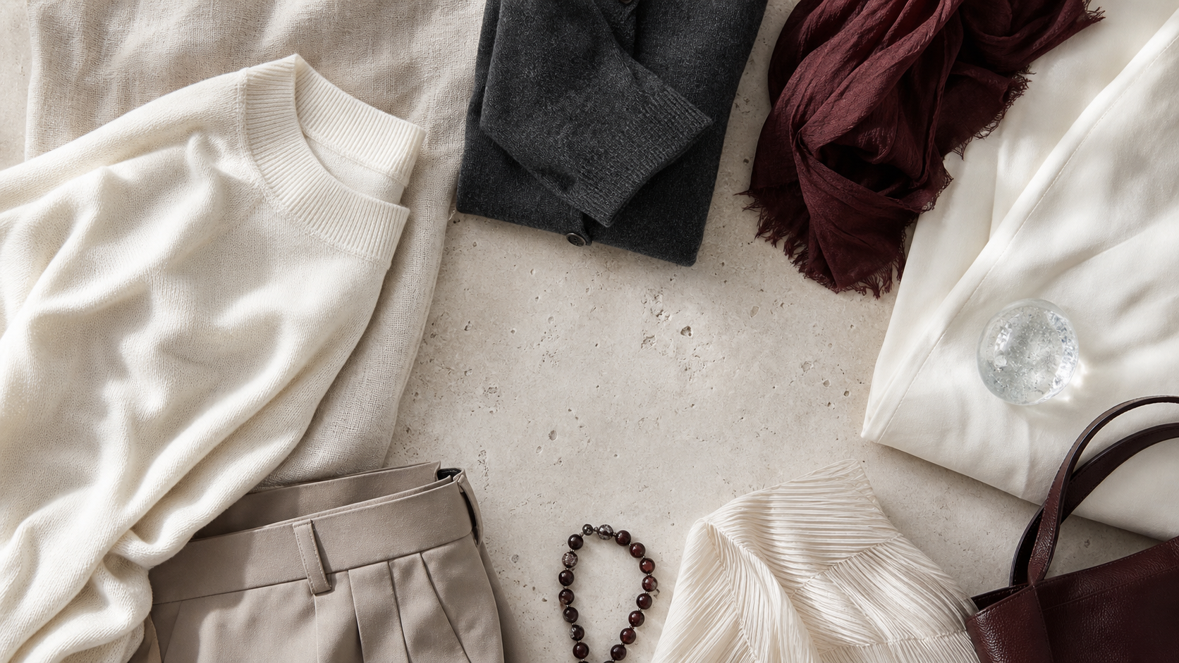 Neutral outfit components arranged around context cues with missing information left open.