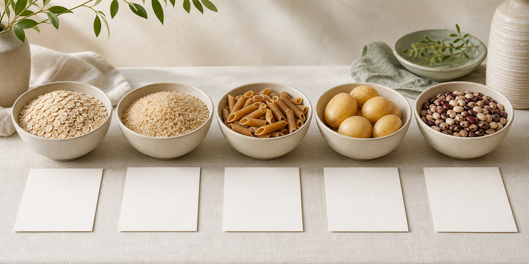Five equal bowls of carbohydrate foods beside five blank cards for correcting common comparison mistakes.