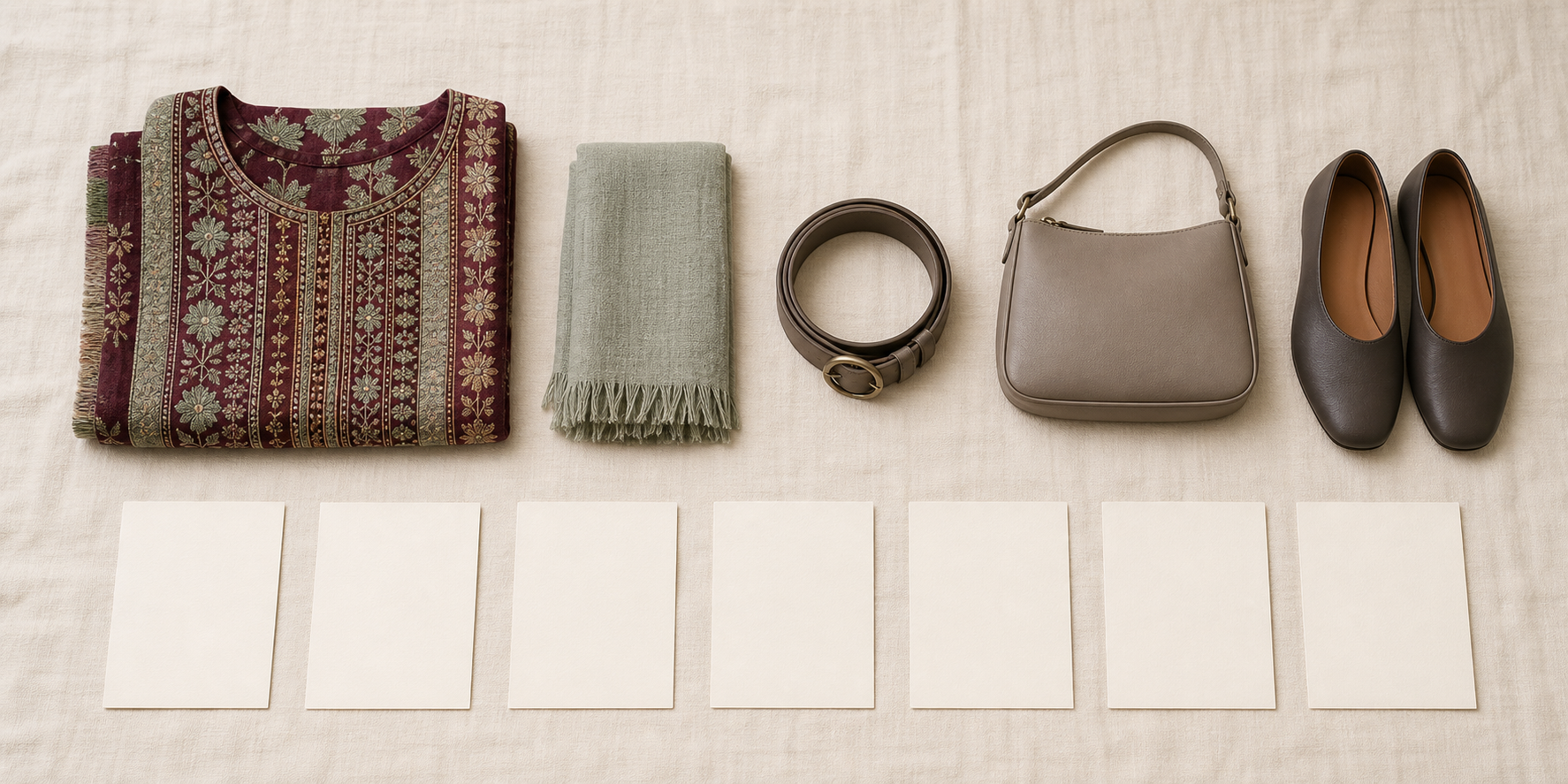 A detailed textile beside seven blank correction cards and four equal neutral accessory forms.