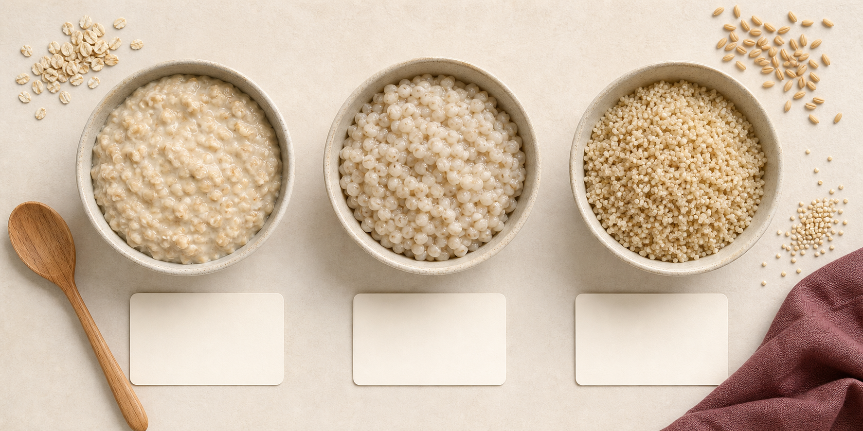 Three breakfast-grain bowls arranged equally for a careful glycaemic-index data comparison.