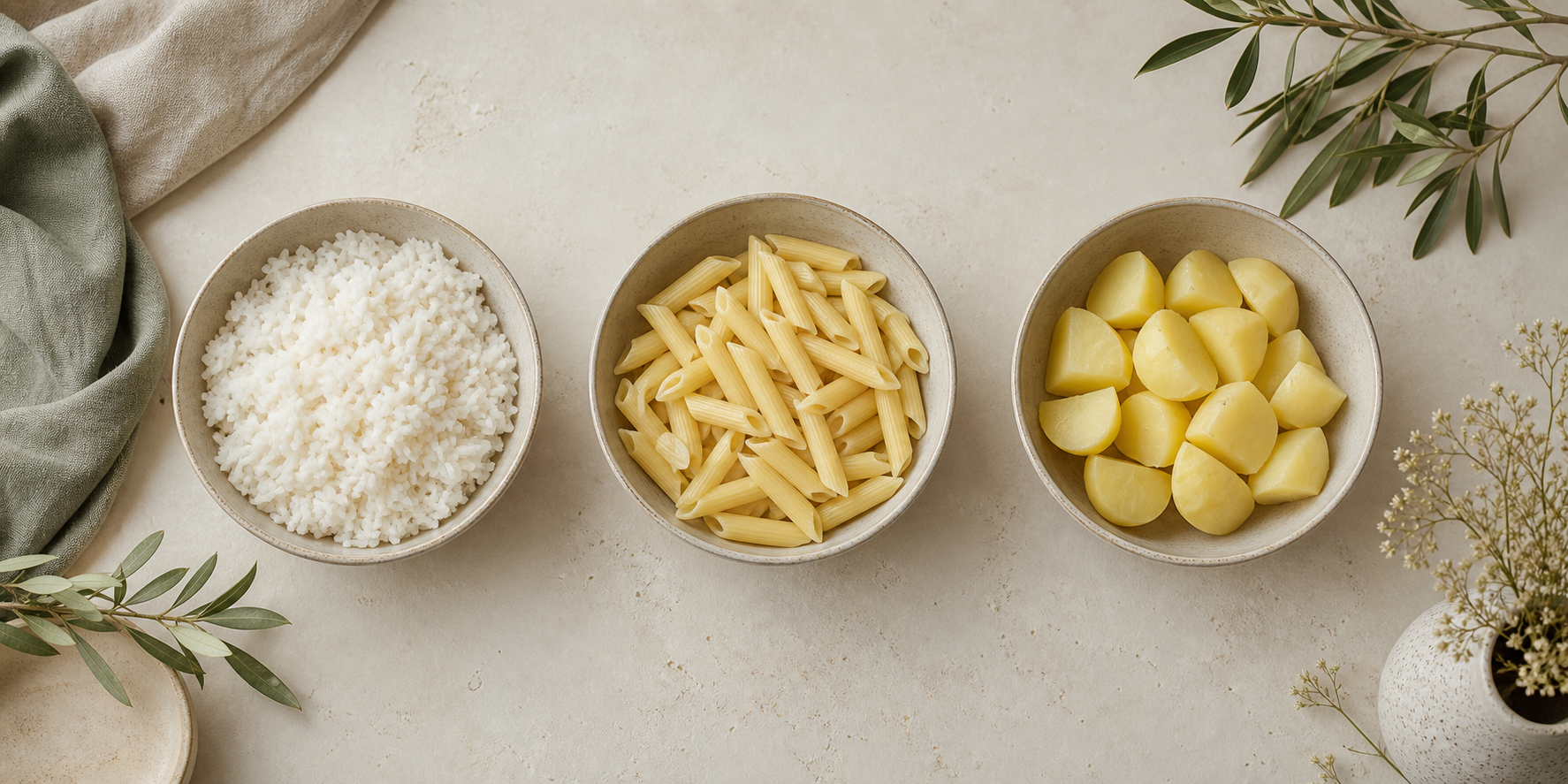 Rice, pasta and potato portions arranged equally for a neutral food comparison.