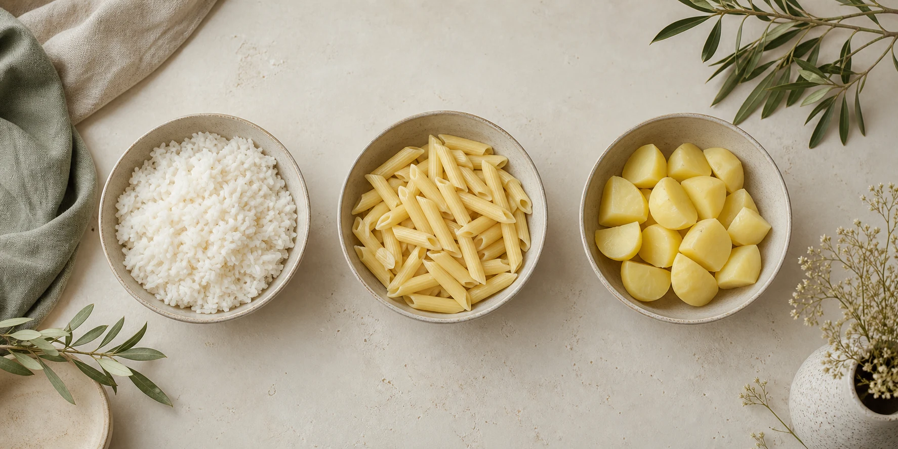 Rice, pasta and potato portions arranged equally for a neutral food comparison.