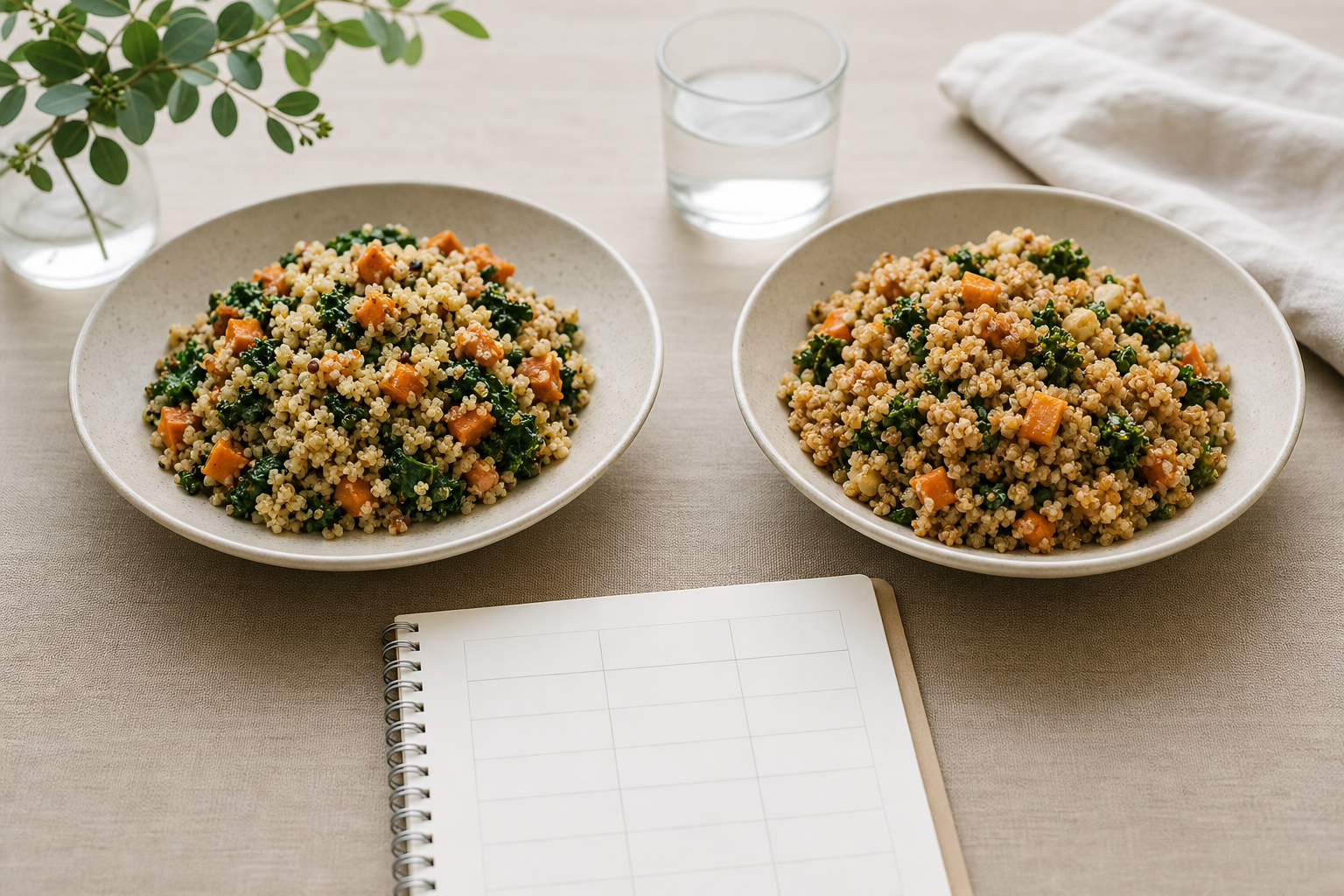 Two similar balanced food plates shown side by side with neutral comparison-card shapes in the background.