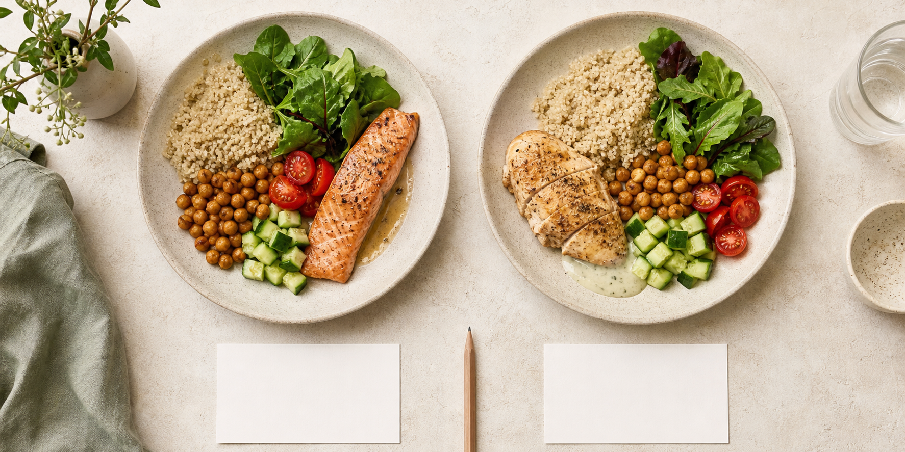 Two similar meals arranged equally for a careful food-composition data comparison.