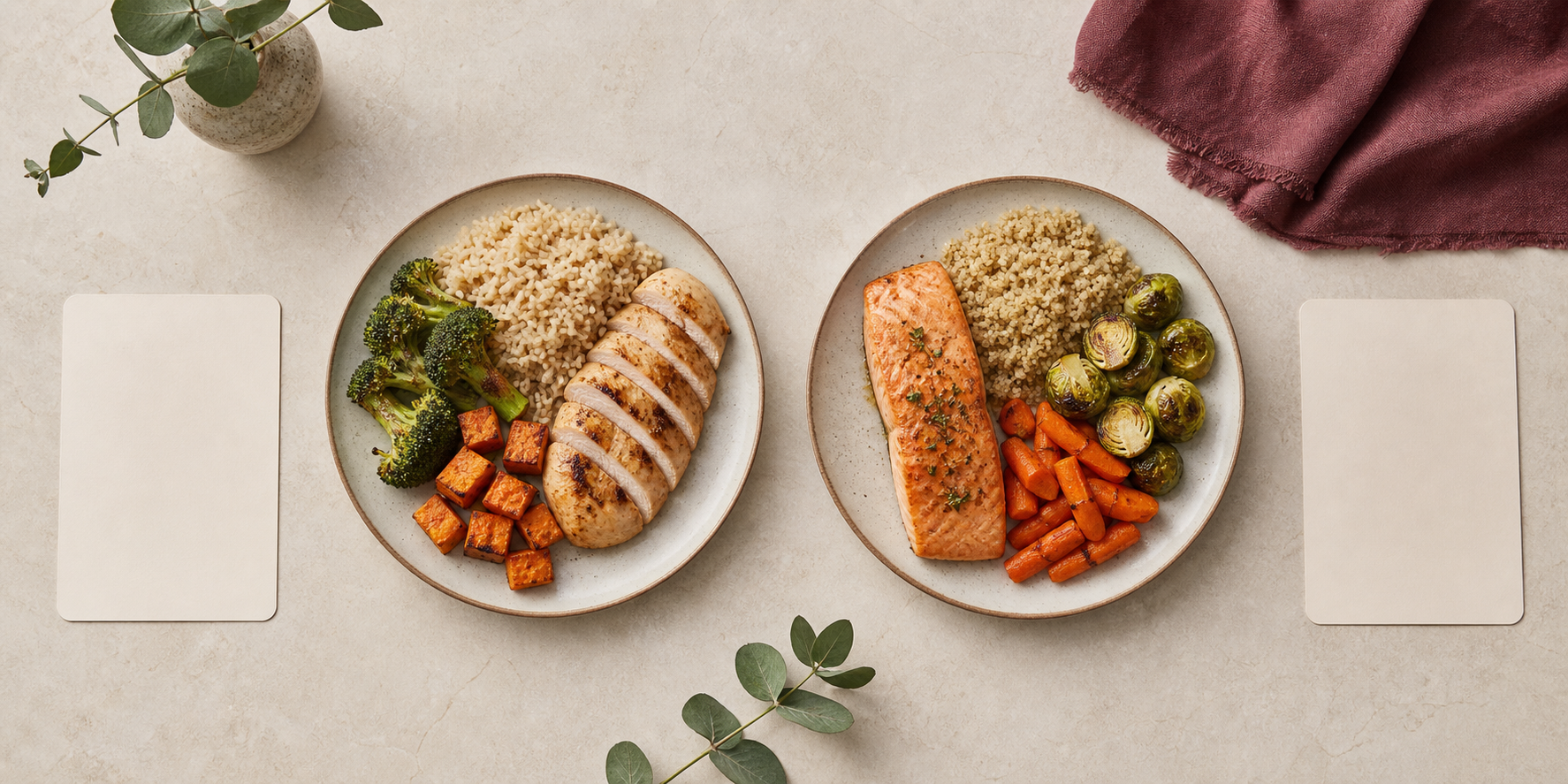 Two similar meals arranged equally for a careful food-composition data comparison.
