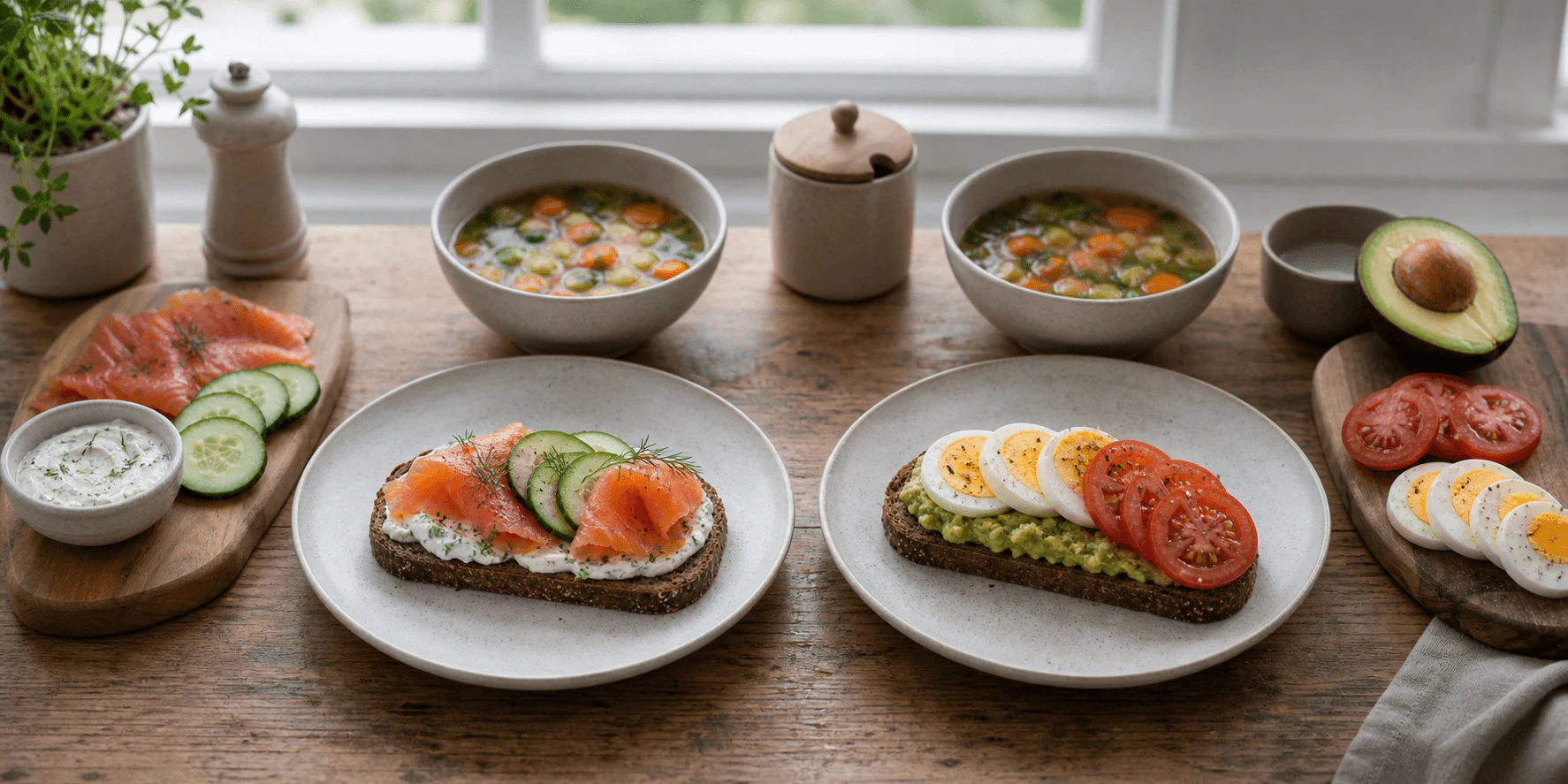 Two similar meals arranged equally for a careful food-composition data comparison.