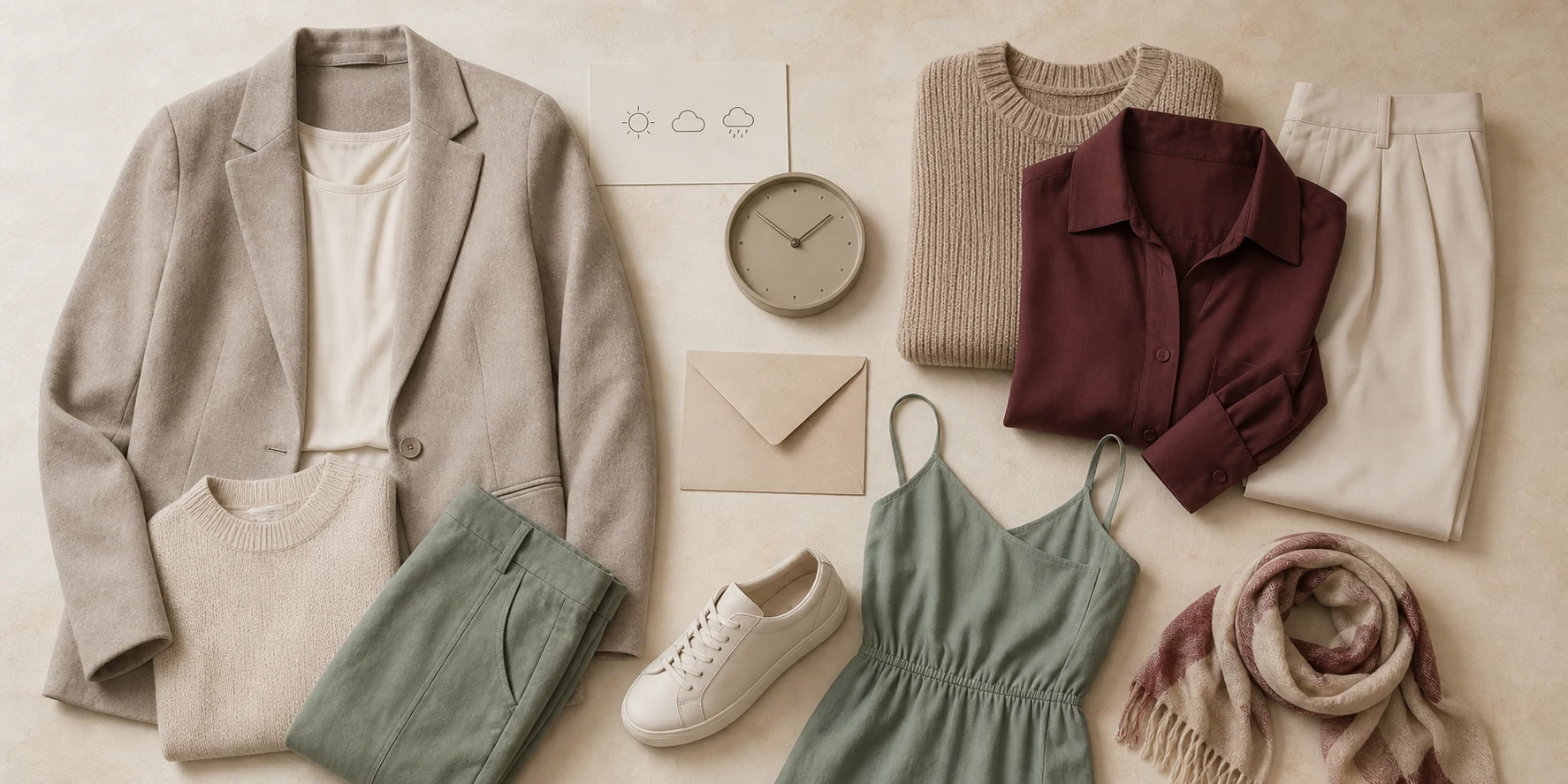 Clothing components arranged around neutral context cues for planning what to wear.