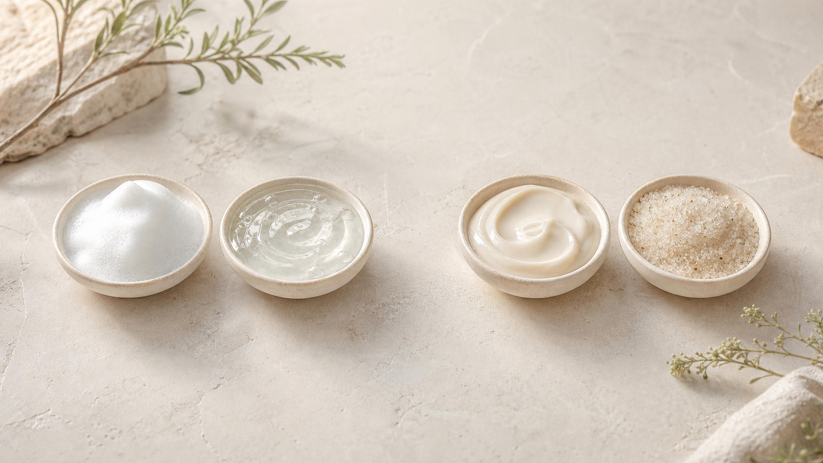 Equal abstract texture groups representing regular cleansing and separately positioned exfoliation roles.