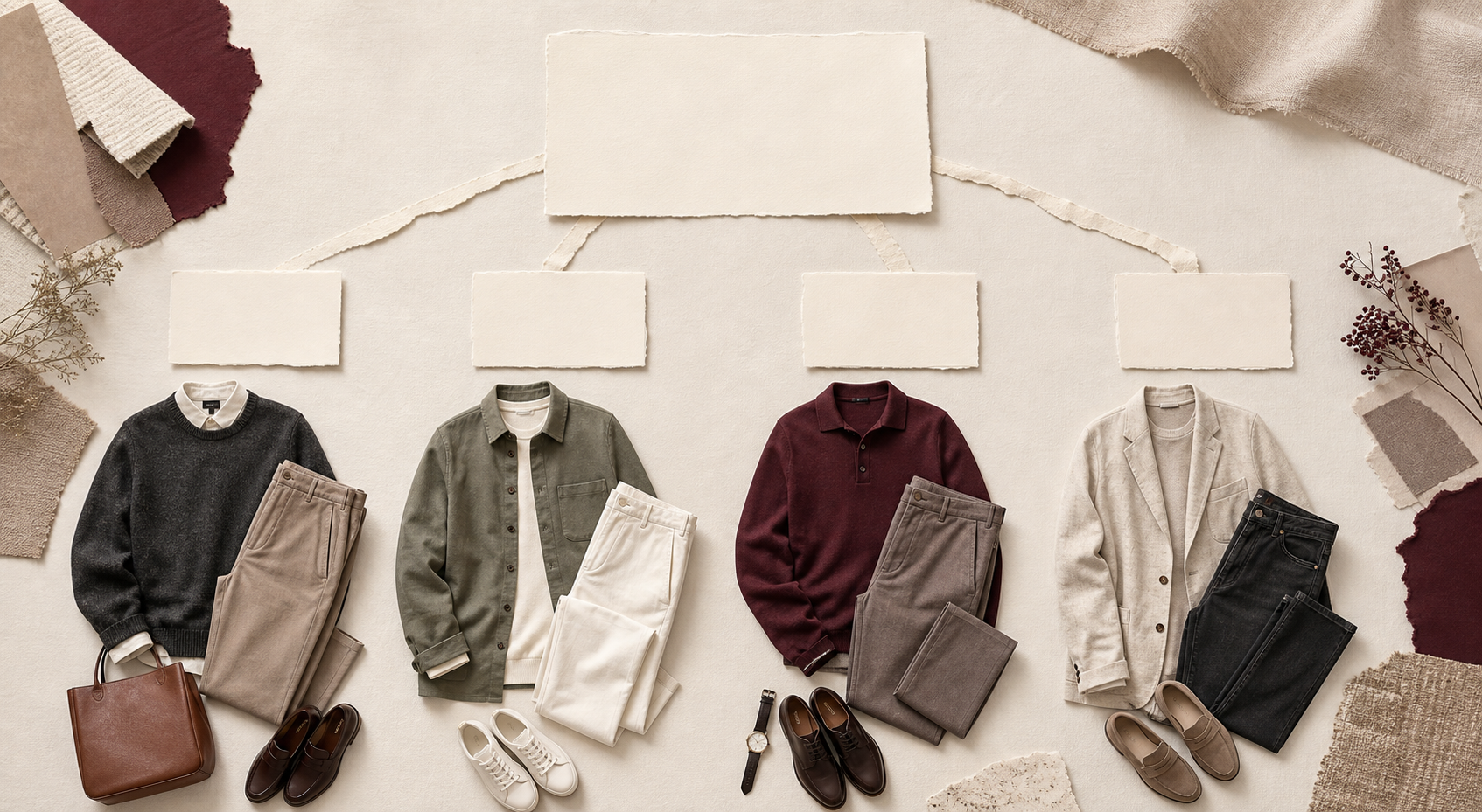 Equal unbranded workwear groupings arranged as a context-first casual Friday decision path.
