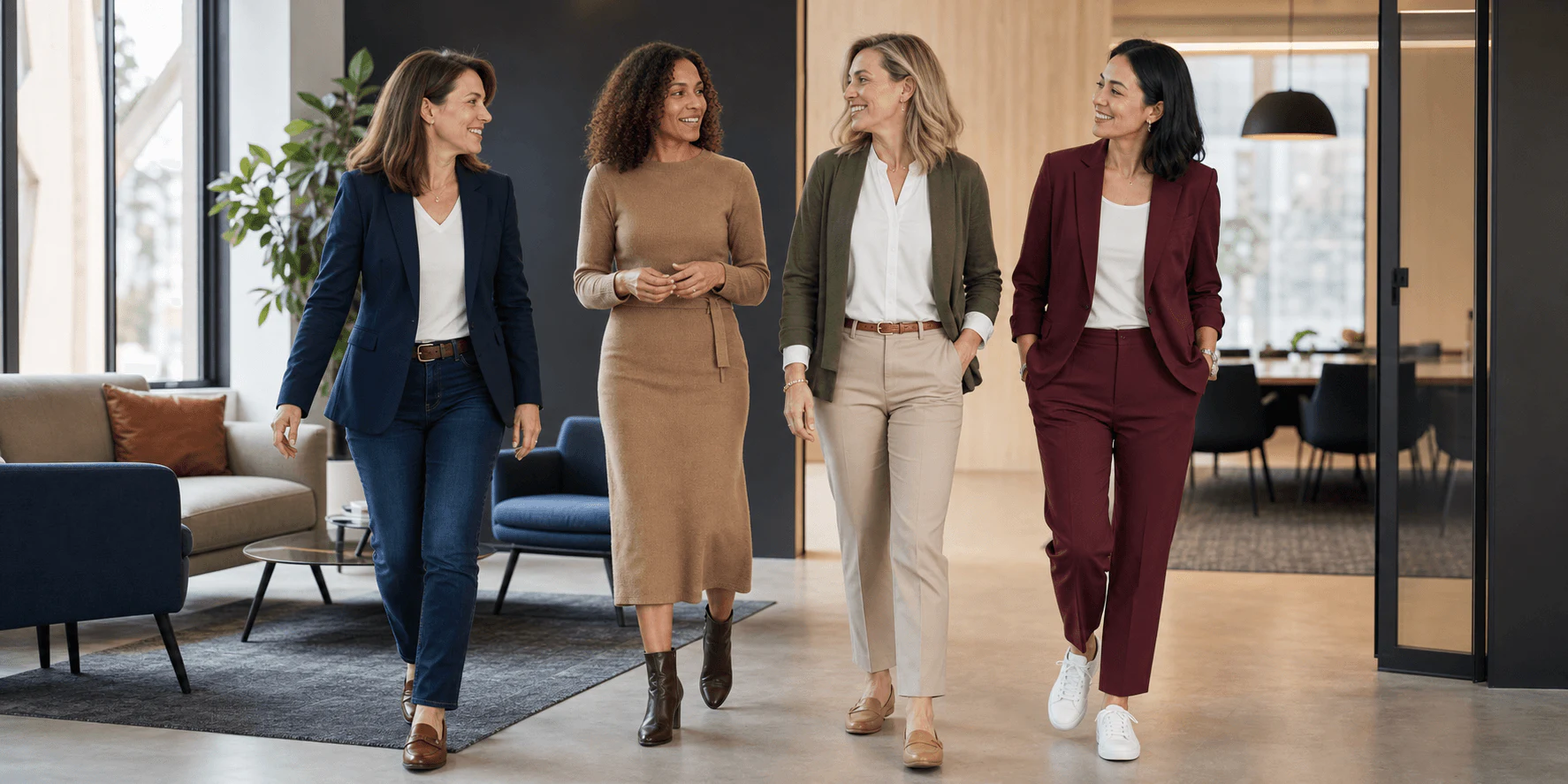 Equal unbranded workwear groupings arranged as a context-first casual Friday decision path.