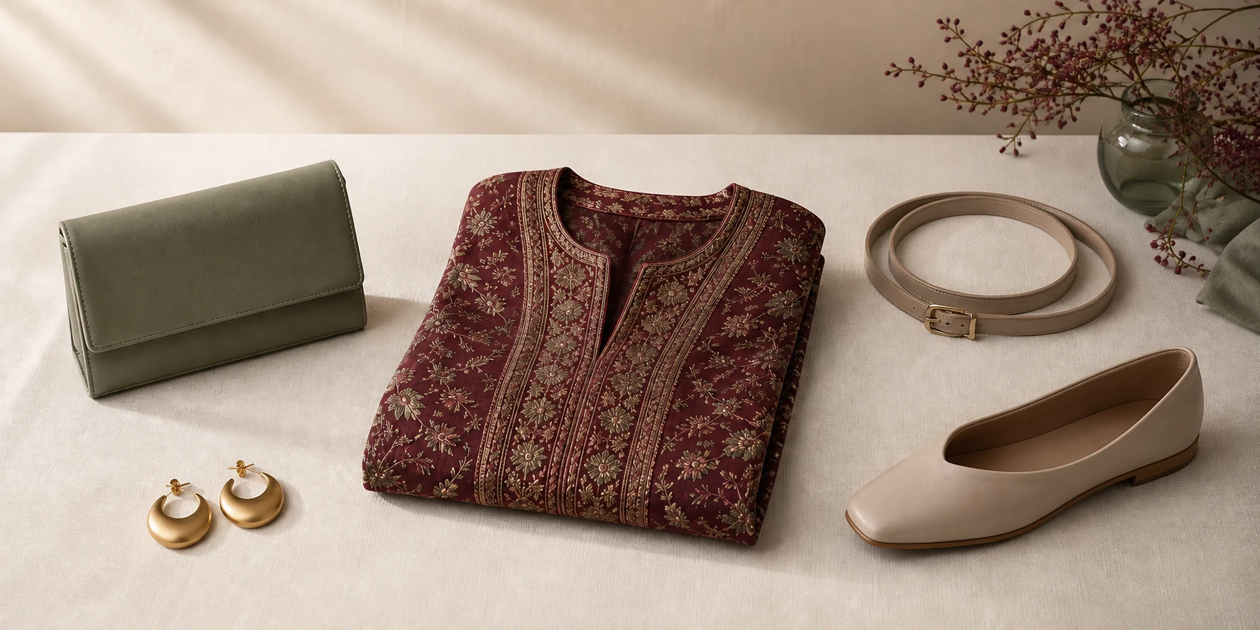 A detailed textile surrounded by four equal simple accessory forms in a neutral editorial arrangement.