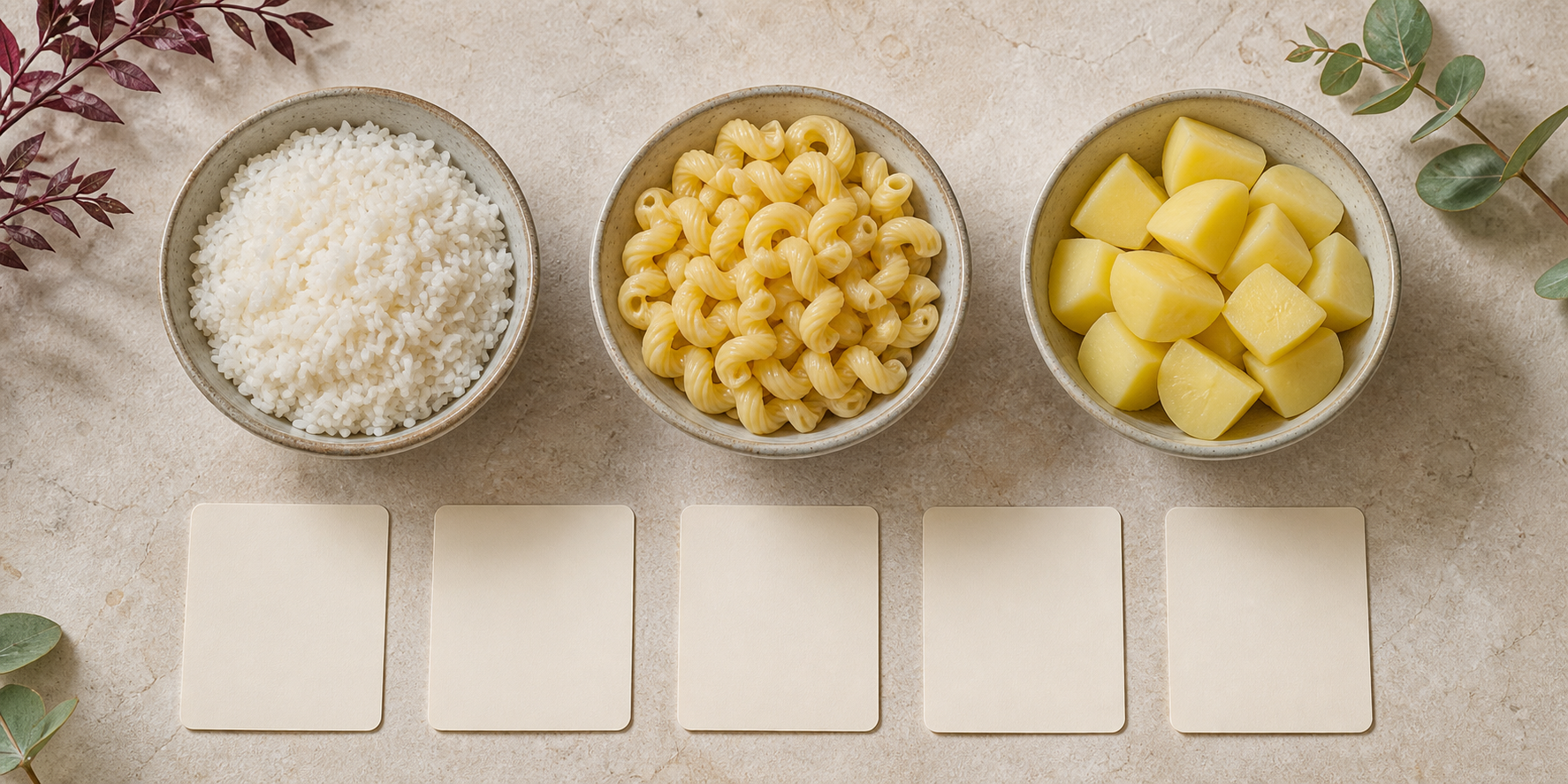 Three equal food bowls beside five blank cards representing a neutral source-reading checklist.