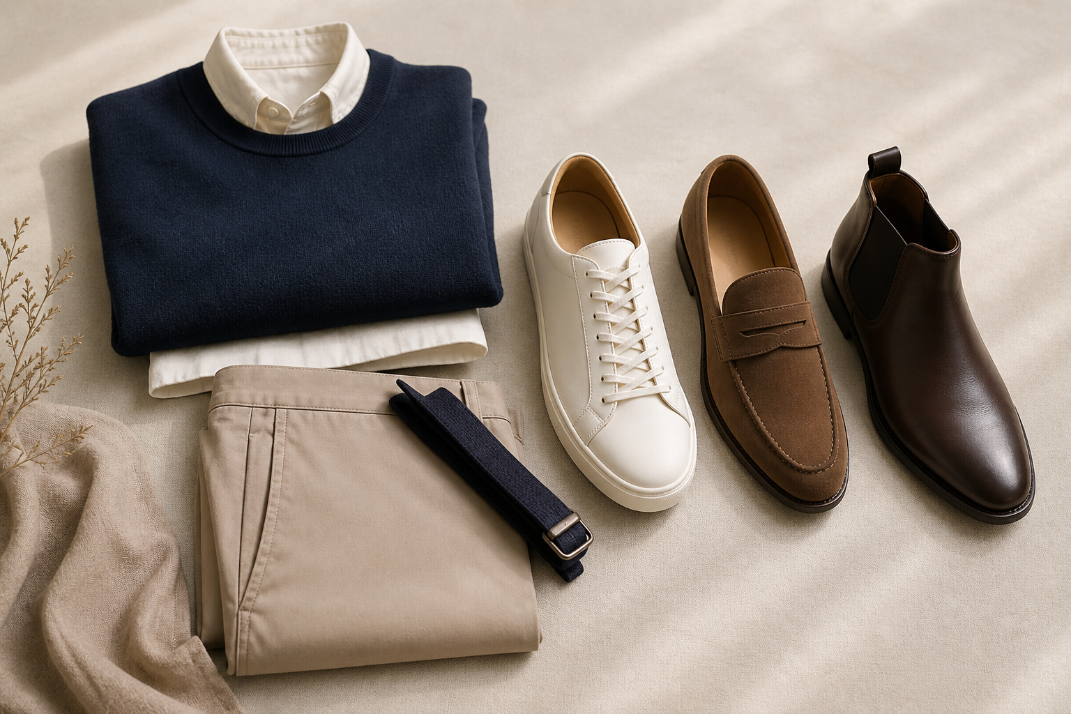 Smart-casual footwear arranged with neutral clothing pieces to show simple colour coordination and outfit balance.
