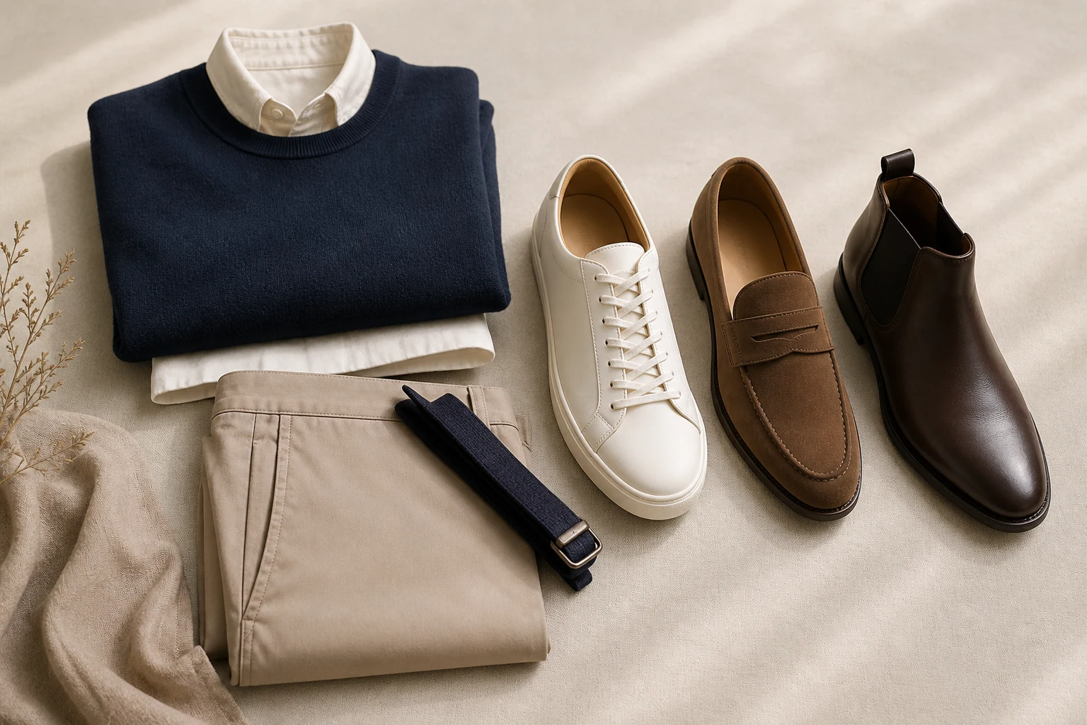 Three simple footwear options arranged as alternatives beside a neutral smart-casual outfit.
