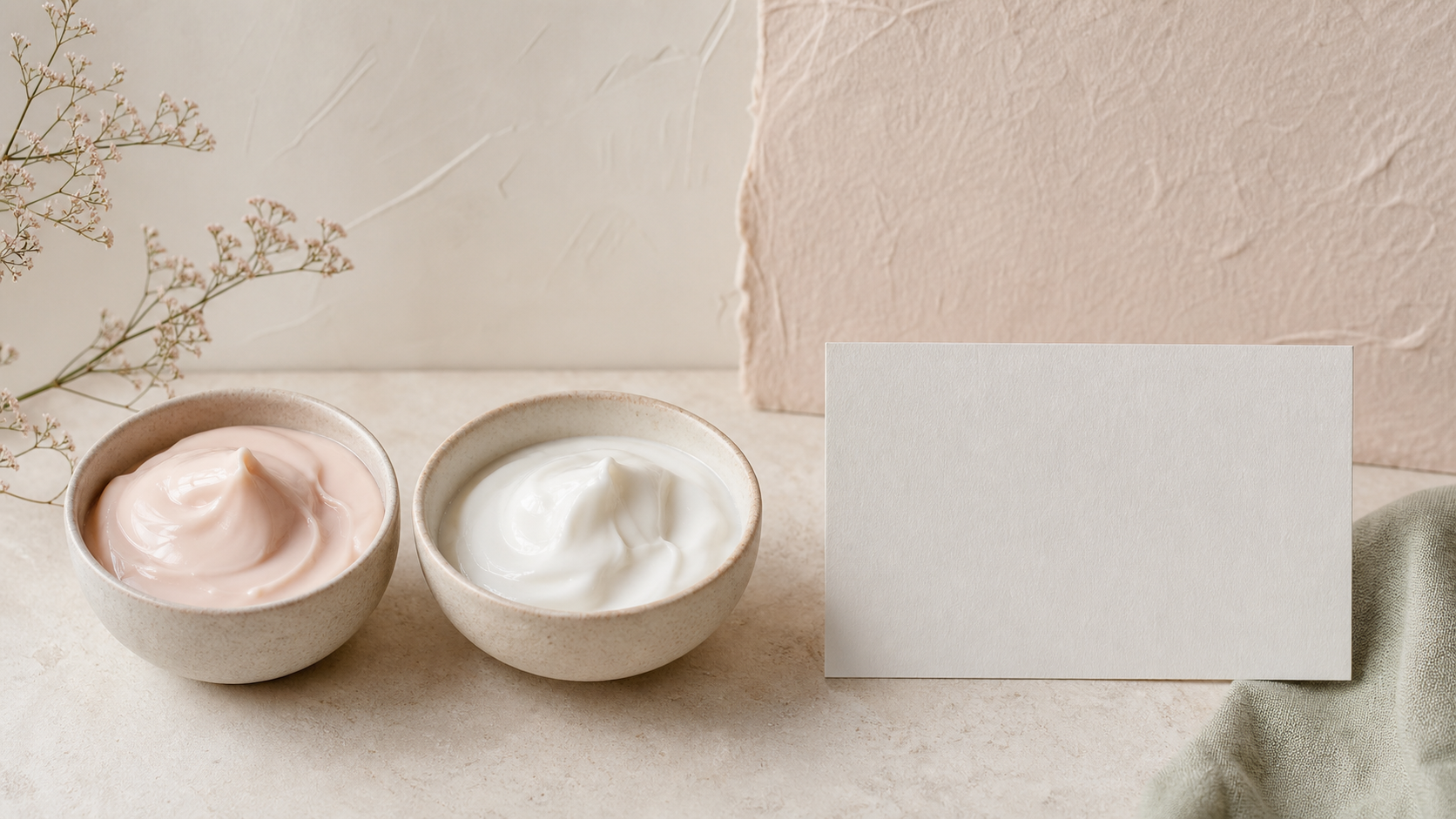 Two equal abstract skincare textures beside a blank ingredient card for product-specific label reading.