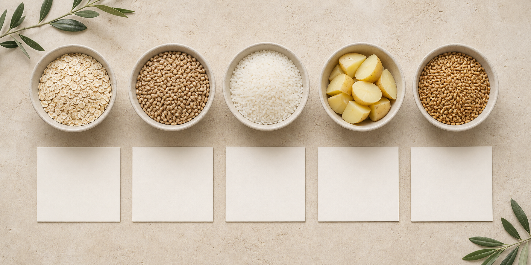 Five equal bowls of carbohydrate foods beside five blank reference cards for reading glycaemic-index context.