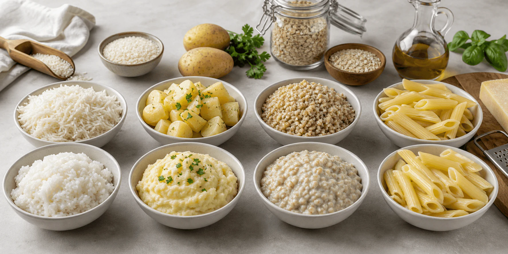 Five equal bowls of carbohydrate foods beside five blank reference cards for reading glycaemic-index context.