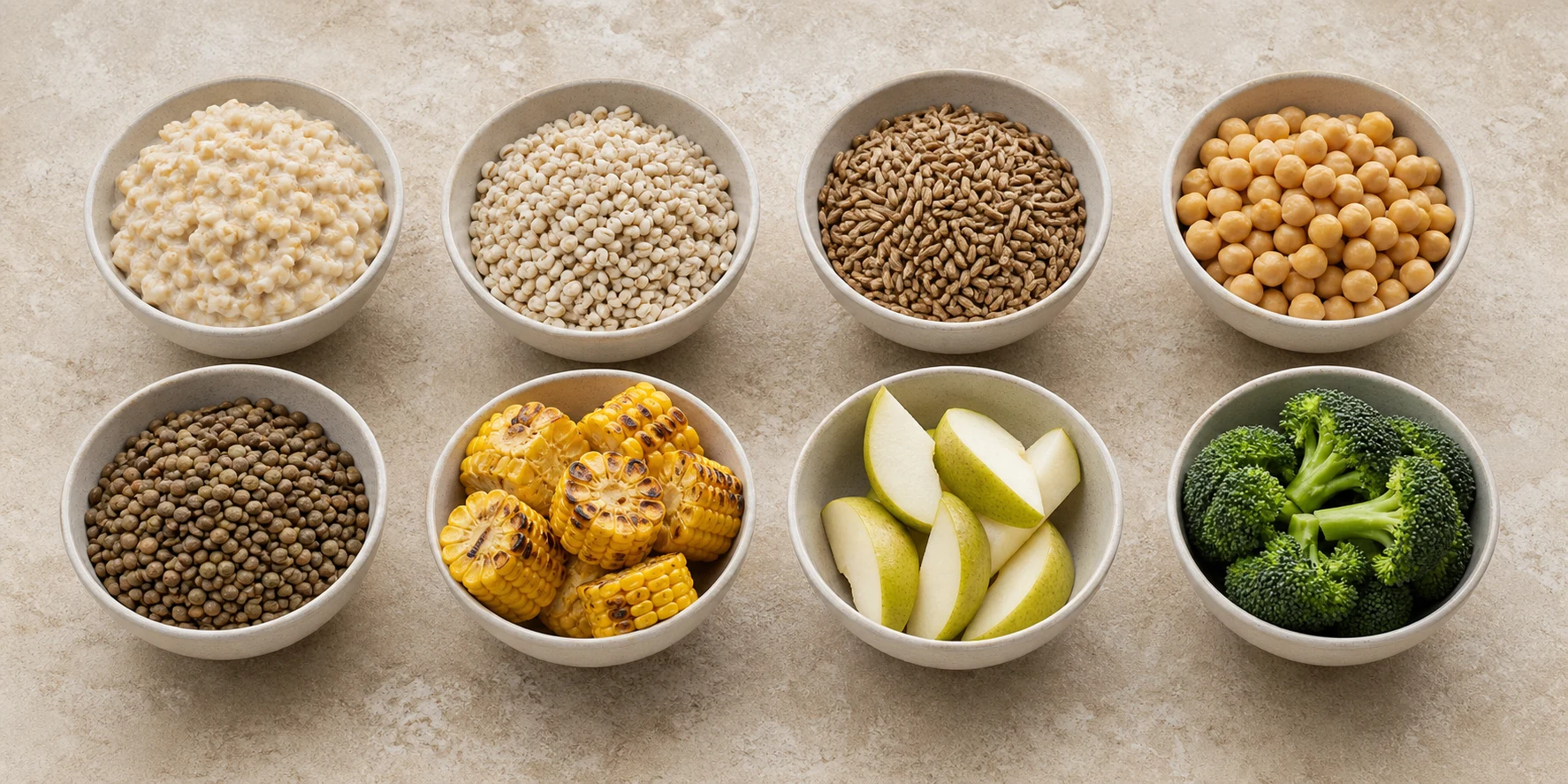 Eight equal bowls with distinct foods arranged as separate source-reported glycaemic-index entries.