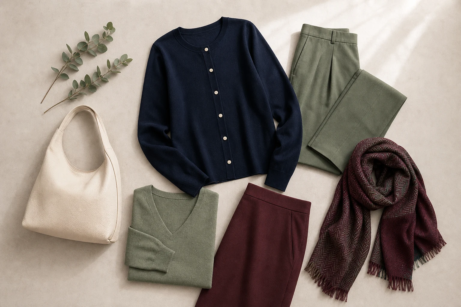 A coordinated outfit uses a calm base colour with repeated muted accents and one subtle pattern.