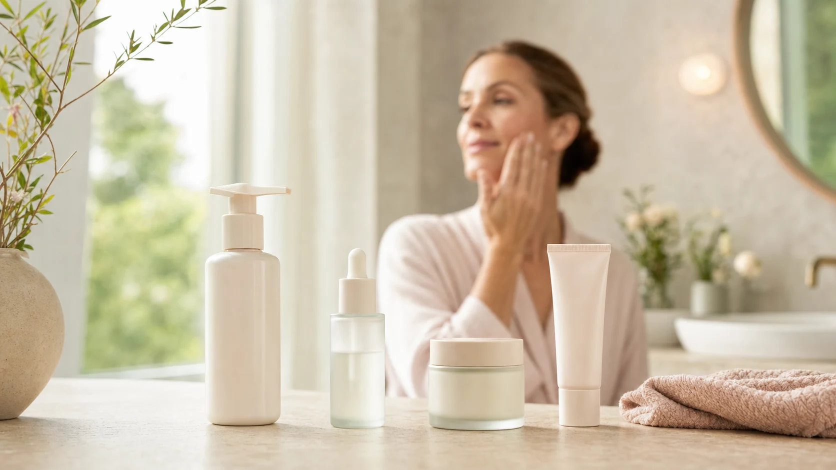 Unbranded cleanser, serum, moisturiser and sunscreen arranged in a simple skincare application sequence on a neutral vanity.