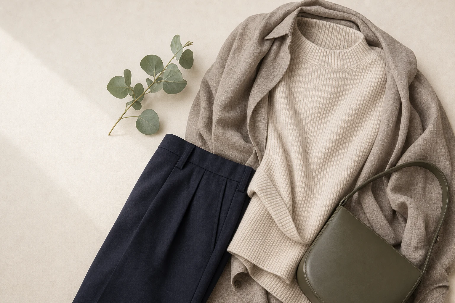 A coordinated outfit combines smooth, ribbed and softly woven textures with visual restraint.
