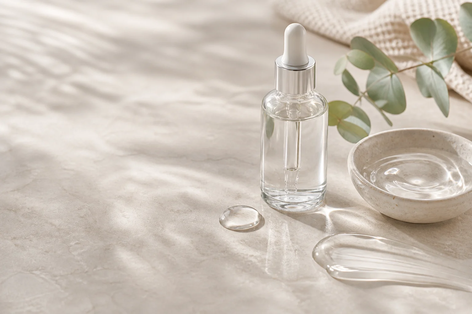 An unbranded clear serum bottle beside water and soft neutral skincare textures.