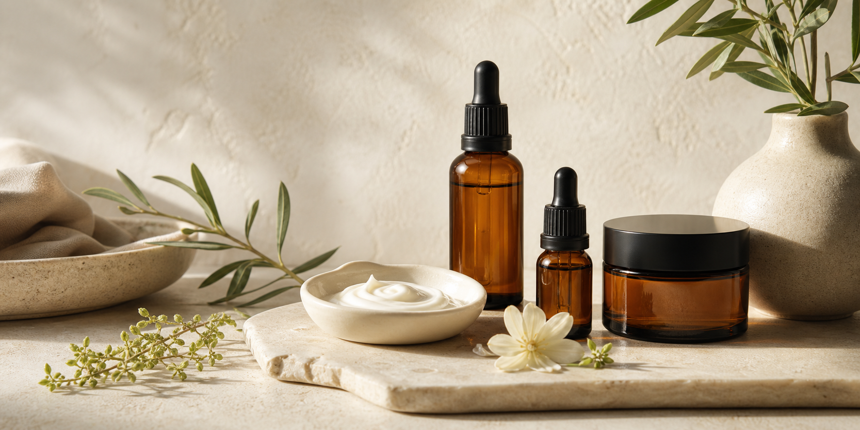 An elegant neutral skincare still life representing the KLAPP A Classic range.