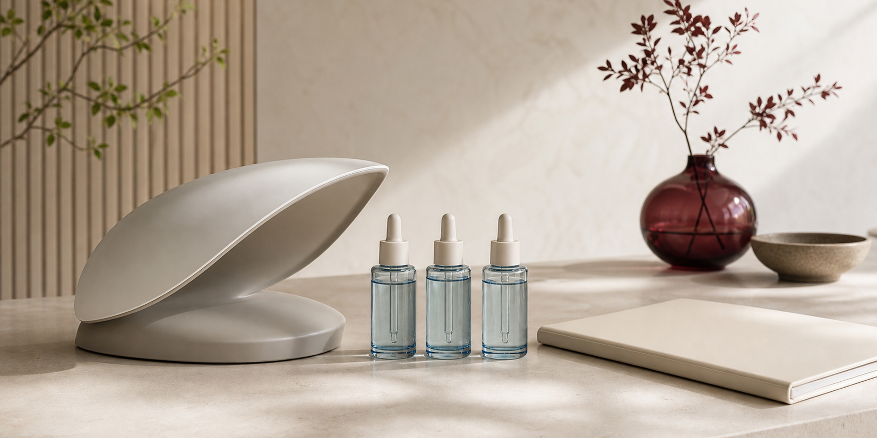 An abstract professional skincare device and neutral vessels representing the KLAPP Aqua Derm+ range.